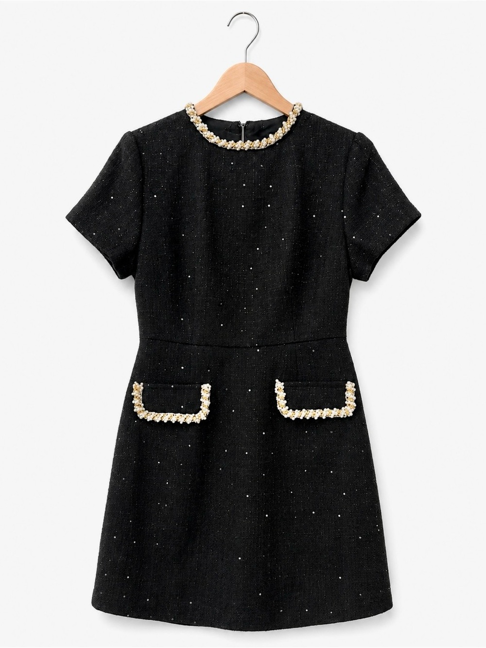 Vici Pearl Trim Tweed Mini Dress Black Sparkle Shift Dress